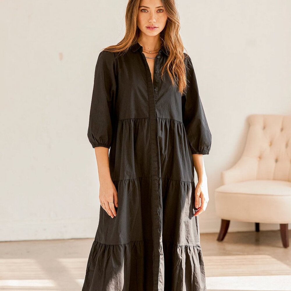Vero Moda Christine Tiered Midi Dress – Black Cotton Boho Dress NWT